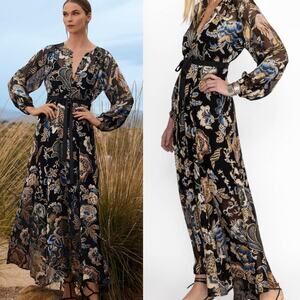 Johnny Was Floral Burnout Chiffon Dress Black Maxi Sheer Shirtdress Buttondown